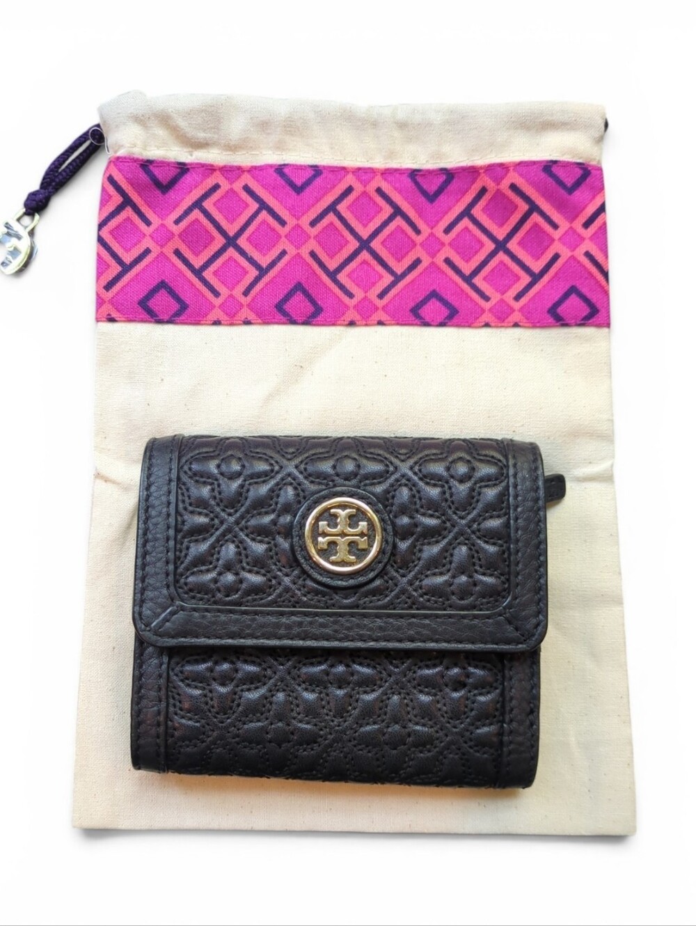 Tory Burch Black Quilted Compact Tri-Fold Wallet